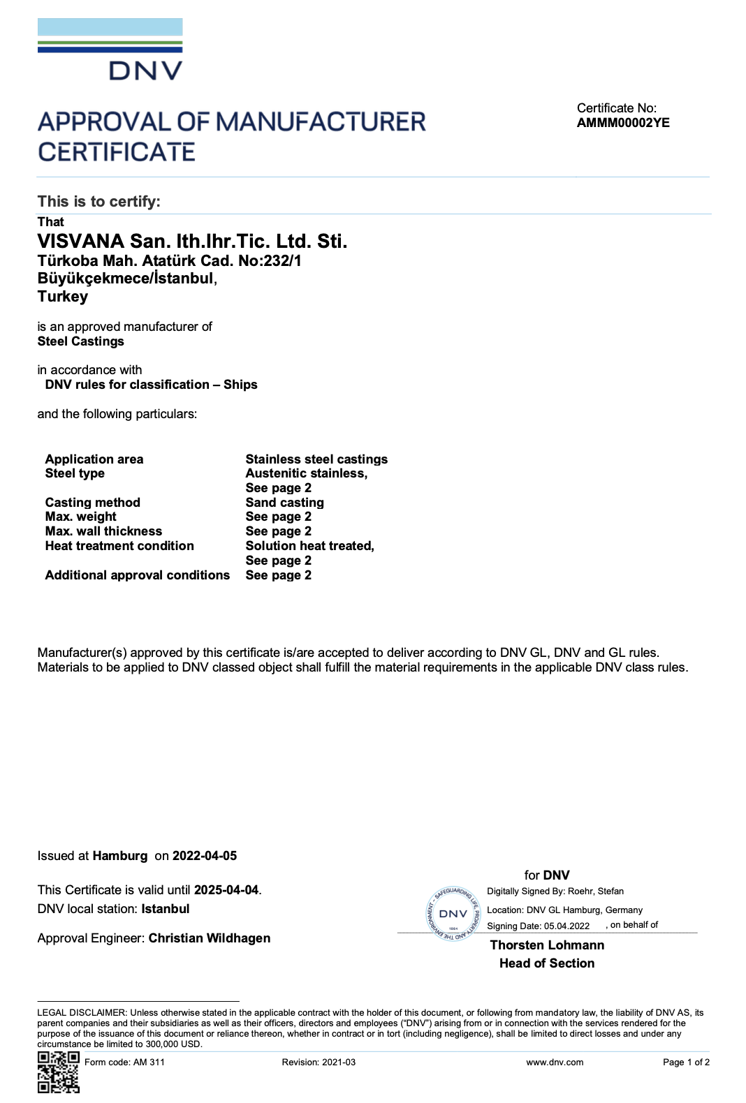 DNV-GL FABRKA SERTFKASI (PASLANMAZ)